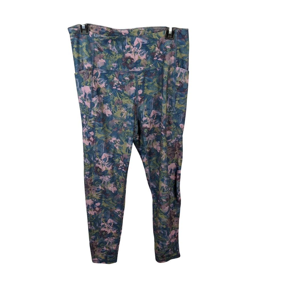 Freely Womens High Waisted Floral Pocket Leggings Blue Pink Green Large
